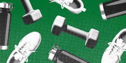 Running sneakers, water bottles, and weights repeating in a pattern against a green background.