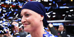 Head Coach Katie Schumacher-Cawley of the Penn St. Nittany Lions celebrates after defeating the Louisville Cardinals to win the Division I Women's Volleyball Championship.