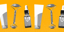 Repeating pattern of skincare cream tube, jade roller, and dropper bottle against a yellow background.