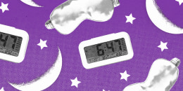 Repeating pattern of alarm clocks, sleep eye masks, stars, and crescent moons against a purple background.